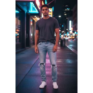 MNML Light Wash Distressed Skinny Jeans Ripped Knee Denim Size 34 Used